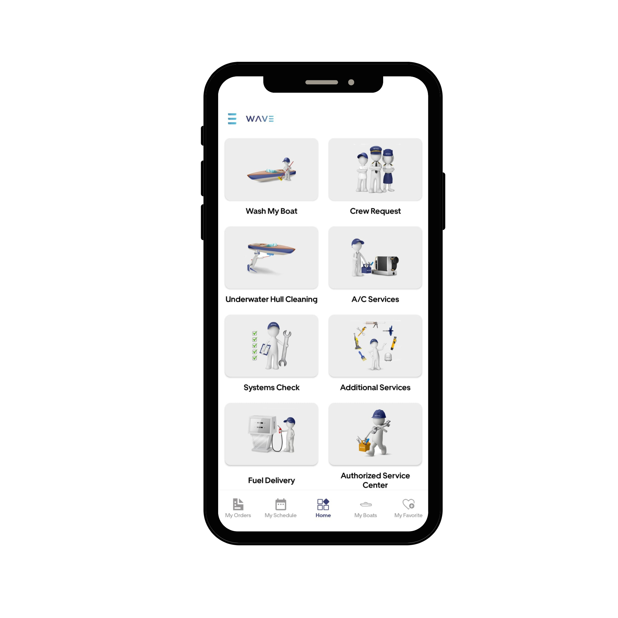 Wave app services screen showing marine service categories